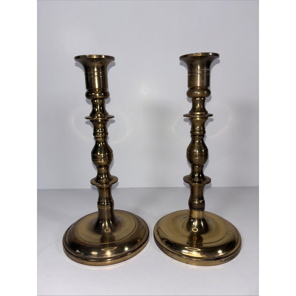 Antique Pair Brass Beehive Candlesticks Victorian Baluster 8”H Marked W